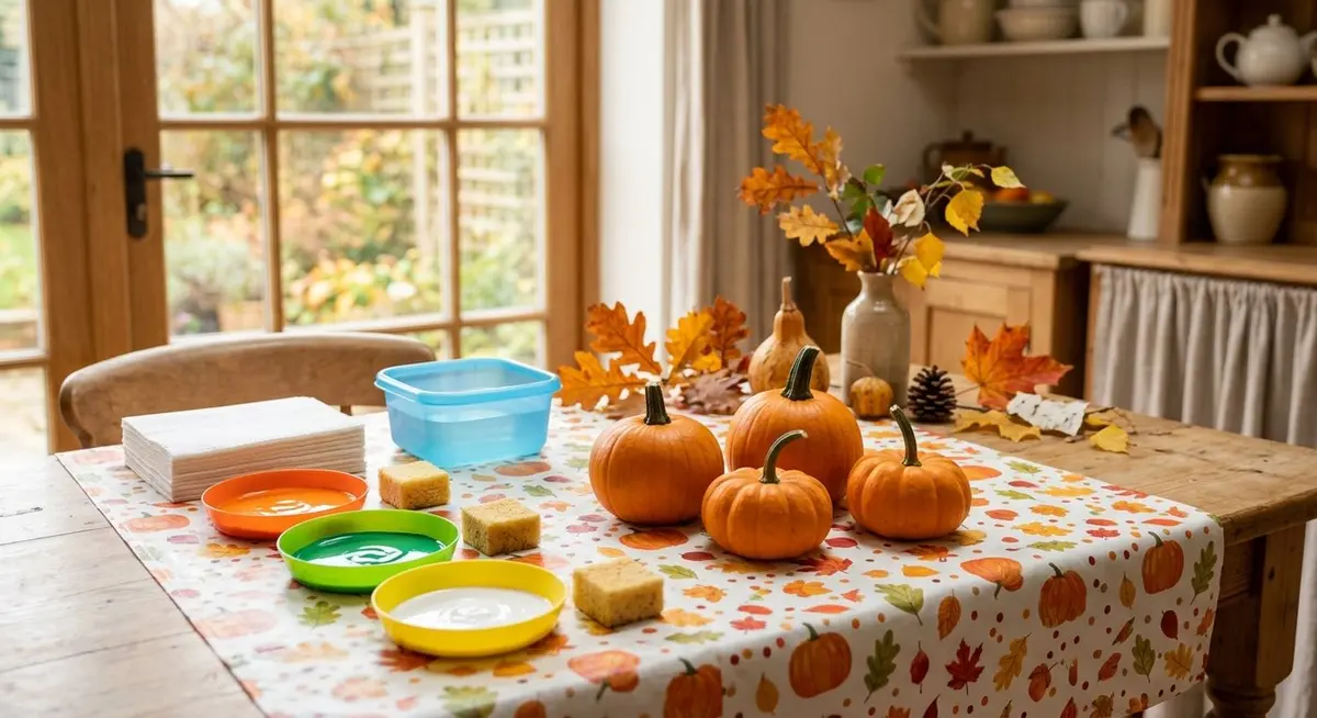 A wooden table covered with a leaf-patterned cloth set up for a children's pumpkin decorating session, with small pumpkins, dishes of orange, green and white paint, sponges and a tub of water