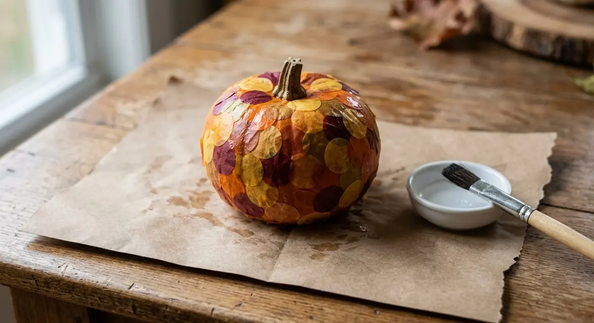 A small round pumpkin covered in overlapping circles of orange, yellow and burgundy tissue paper drying on plain brown kraft paper on a wooden table beside a small white bowl and a paintbrush