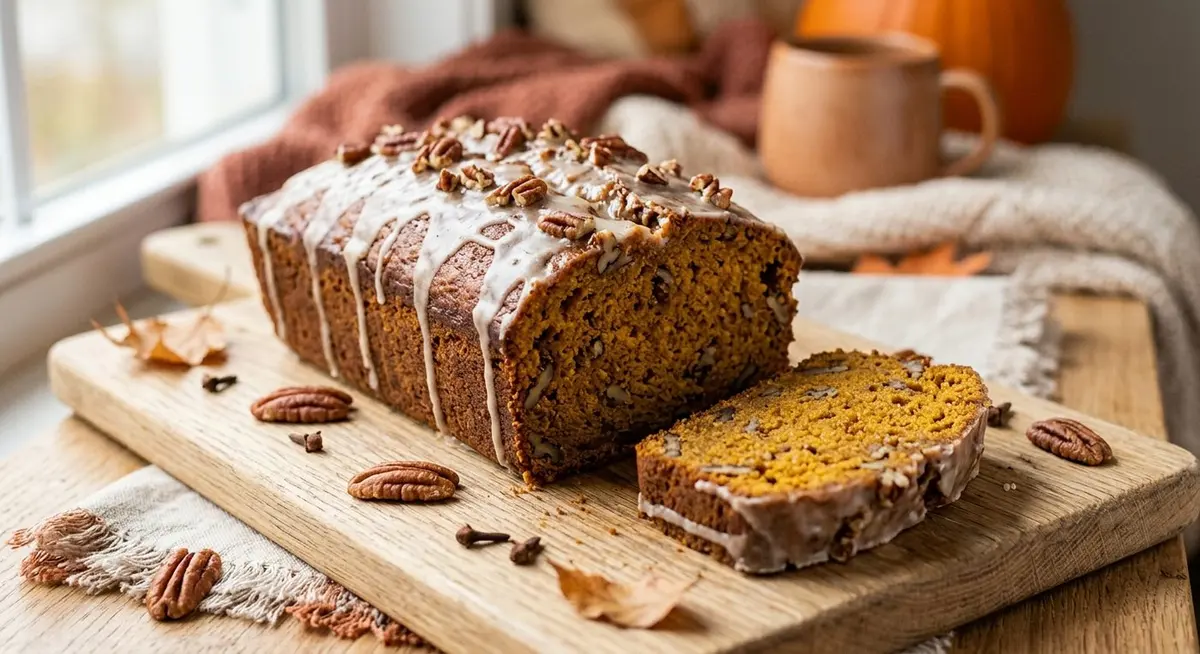 A glazed pumpkin bread loaf on a light wood board with one thick slice cut to show the moist orange crumb studded with pecans