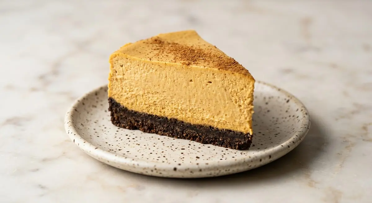 A tall slice of no-bake pumpkin cheesecake on a speckled stoneware plate with a smooth pumpkin layer over a dark crumb base