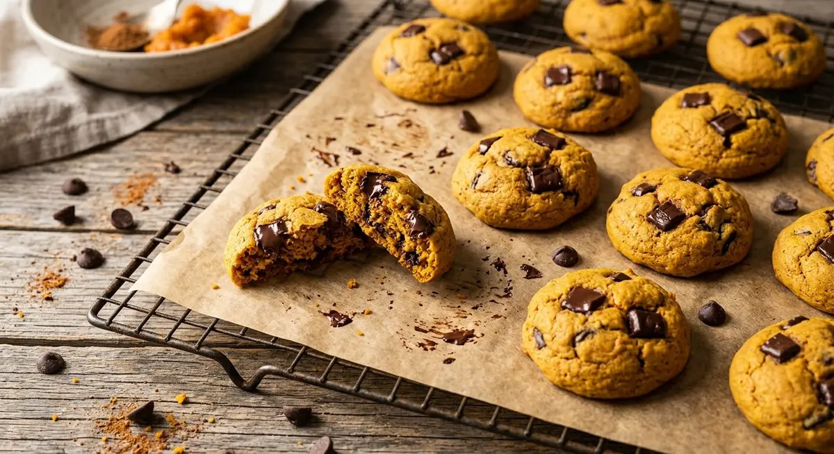 Freshly baked pumpkin chocolate chip cookies cooling on parchment paper over a wire rack, one broken open to show a soft cakey interior