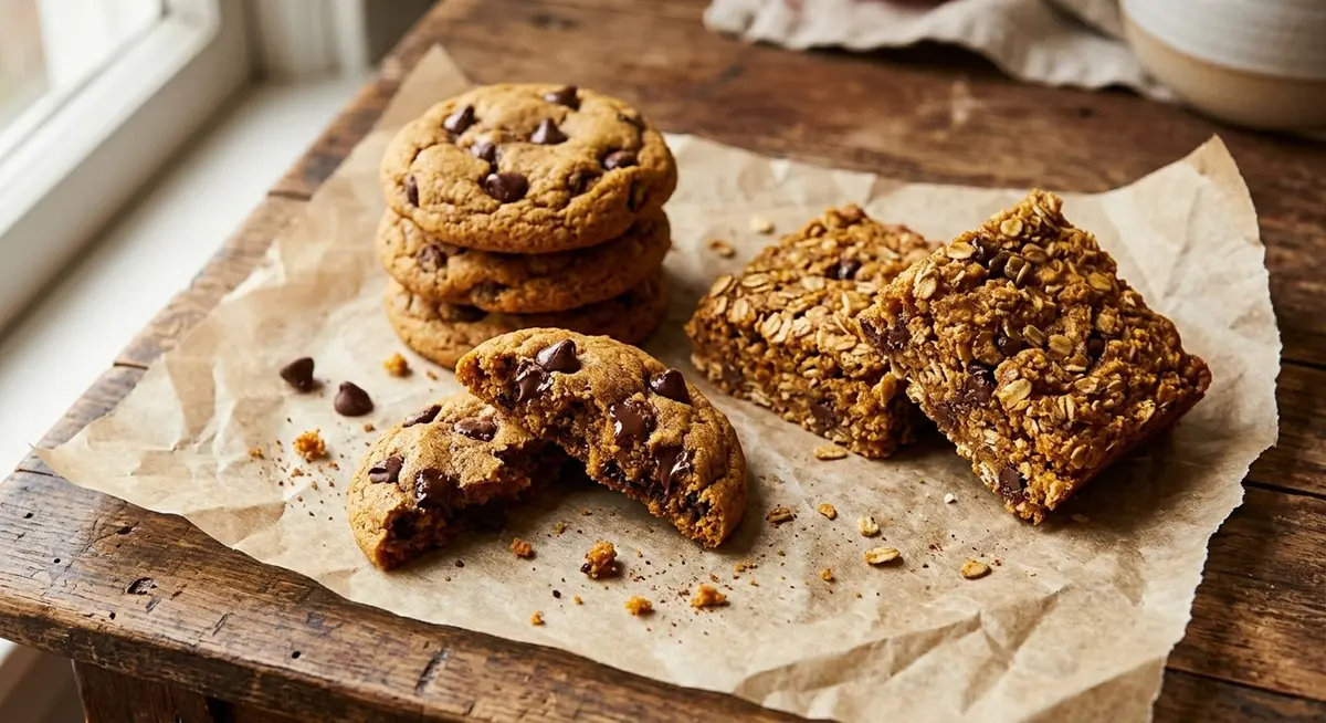 A stack of soft pumpkin chocolate chip cookies beside two cut squares of pumpkin oat bar on parchment, one cookie broken to show a chewy interior