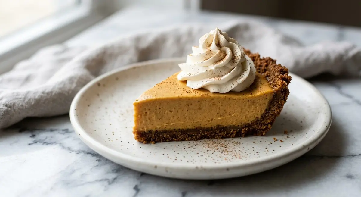 A slice of pumpkin cream pie on a small off-white plate with a tall swirl of whipped cream and a gingersnap crumb crust
