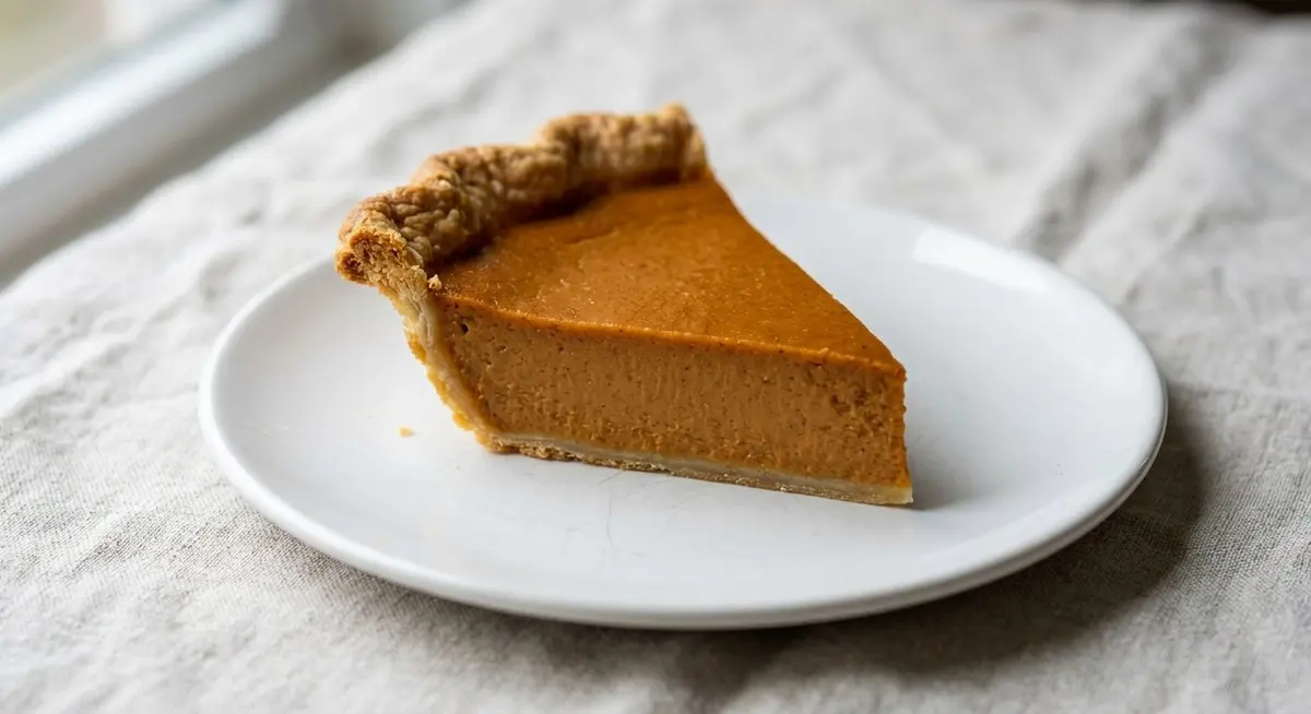 A neat wedge of deep-dish pumpkin custard pie on a plain white plate showing a silky set filling and a flaky golden crust edge