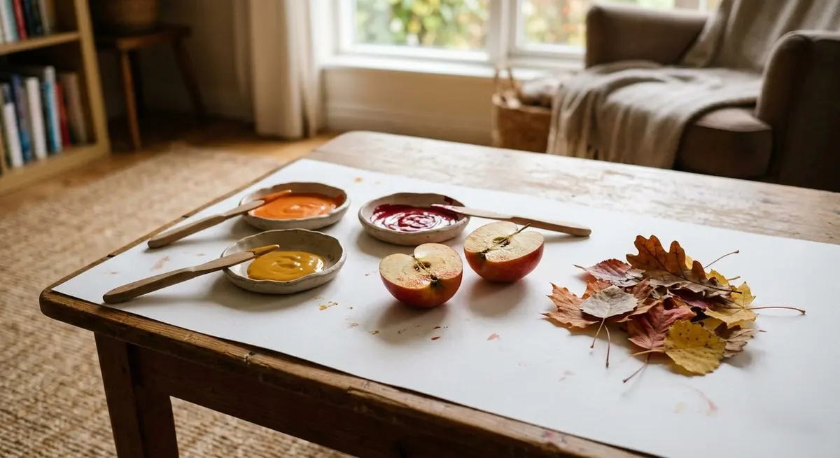 A child-height table covered with paper, shallow dishes of orange and red paint, halved apples and a tray of autumn leaves ready for printing