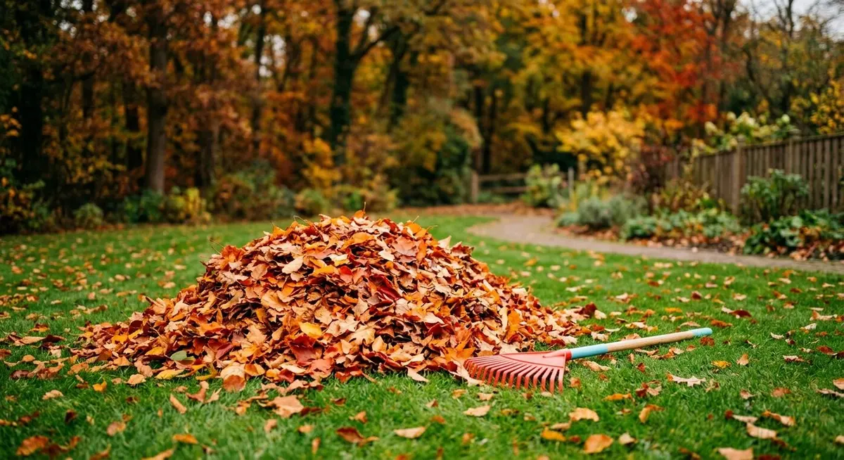 A large raked pile of orange and yellow autumn leaves on a lawn beside a small child-sized rake, with trees turning colour behind