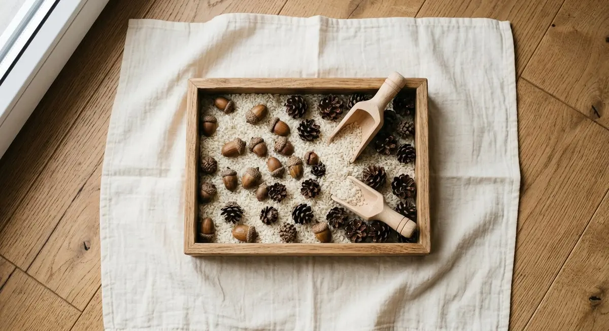 A shallow wooden tray filled with dry rice, acorns, pinecones and small scoops, set on a plain sheet on a floor