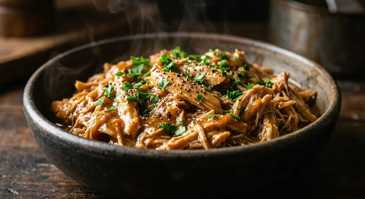 Close-up of a deep bowl of shredded slow-cooker chicken in a rich amber sauce with parsley and cracked pepper