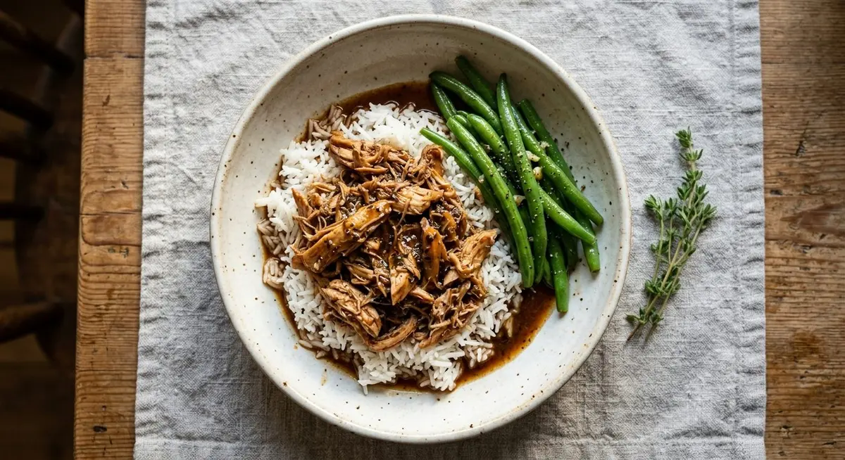 Shredded slow-cooker chicken spooned over fluffy white rice with green beans on a linen placemat
