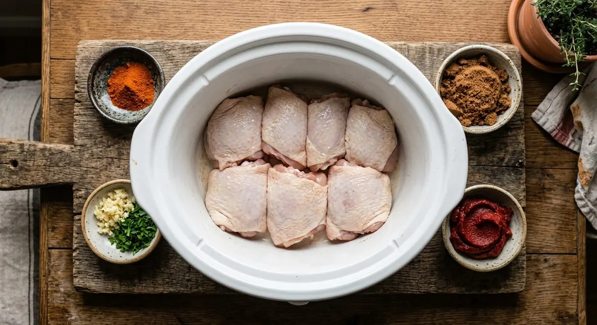 Raw bone-in chicken thighs in a white slow cooker insert with small bowls of paprika, garlic, brown sugar and tomato paste