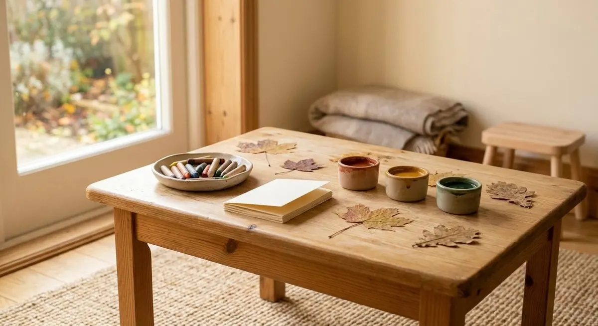 A low child-height wooden table by a window with chunky crayons, blank folded cards, small pots of earth-toned paint and pressed leaves
