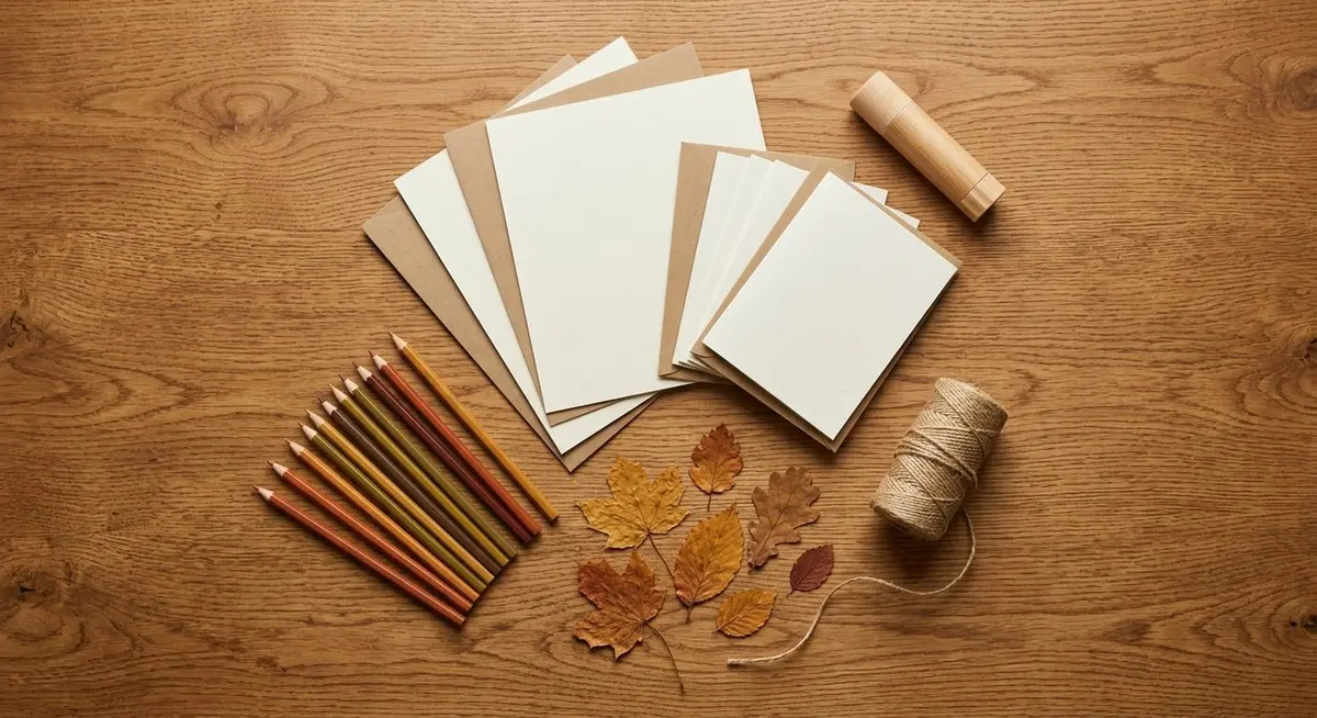Overhead flat lay of paper, card blanks, coloured pencils, a twine spool and pressed autumn leaves laid out for a family craft session