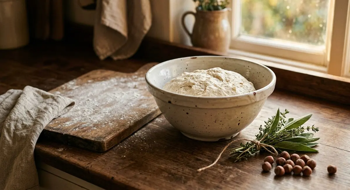 A ceramic bowl of pale bread dough on a flour-dusted board beside a linen towel and a small bundle of fresh herbs on a wooden kitchen counter