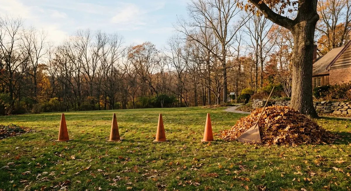 A quiet late-autumn backyard with orange cones set out on the grass, a rake leaning against a pile of golden leaves and bare branches overhead