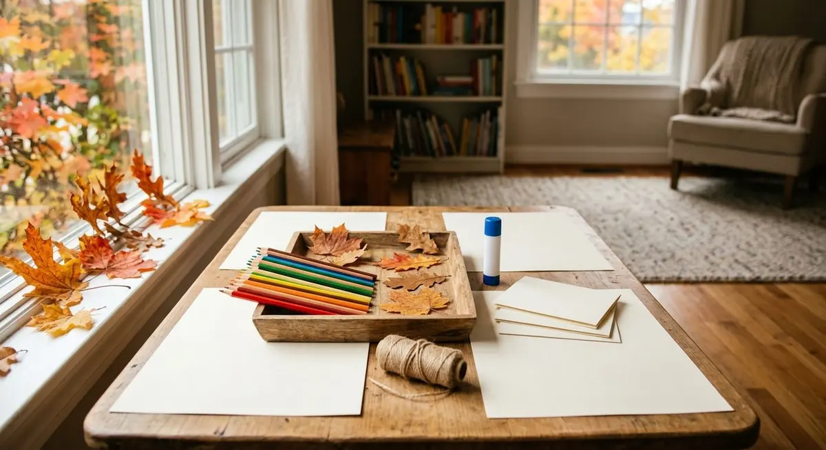 A low children's craft table with blank paper placemats, a tray of plain coloured pencils, pressed leaves, blank cards and twine in warm afternoon light