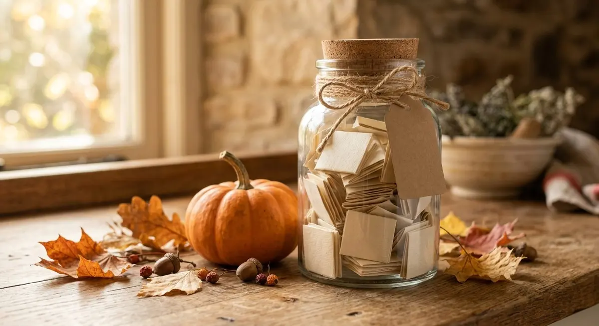 A clear glass jar of folded paper slips tied with twine on a warm wooden counter beside dried autumn leaves and a small pumpkin