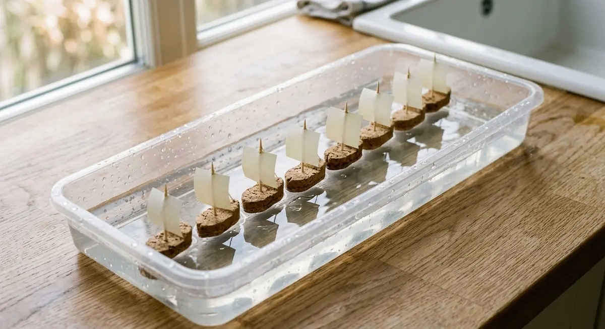 A row of small handmade cork boats with paper sails floating in a long shallow clear water tray on a wooden counter