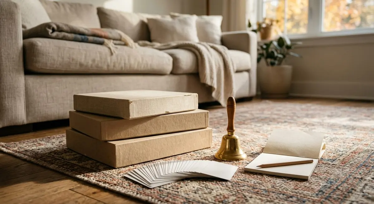 A living room rug in warm autumn light with a stack of plain boxes, a brass hand bell, a fanned pile of blank cards and an open notebook with a pencil