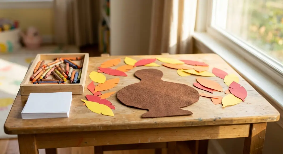 A low children's craft table with a plain brown felt turkey shape, coloured paper feathers, a wooden tray of crayons and a stack of blank cards