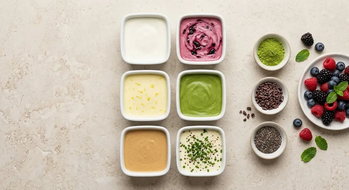 Overhead flat-lay of six square ramekins of baked yogurt in different flavours with small bowls of matcha powder, cocoa nibs, chia seeds and fresh berries arranged around them
