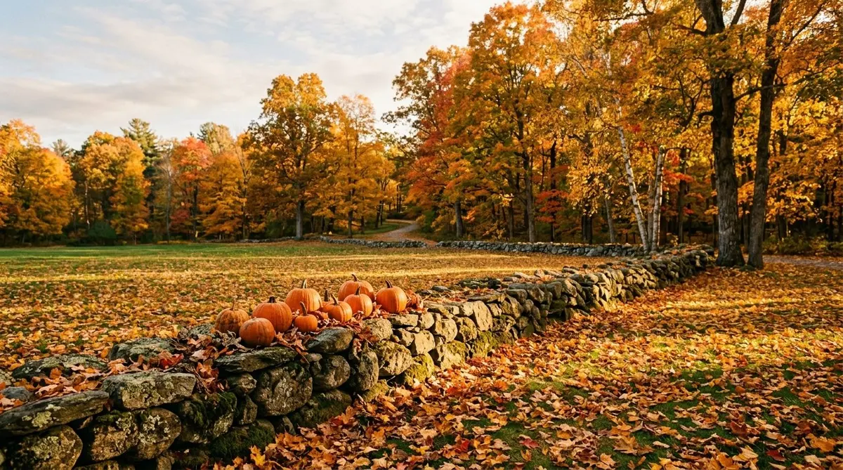 A sunlit autumn park with a lawn blanketed in golden fallen leaves, a low mossy stone wall topped with small orange pumpkins and trees in full autumn colour