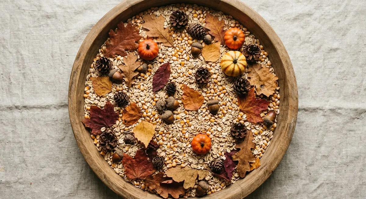 Overhead view of a shallow wooden tray filled with rolled oats, dried corn kernels, red and yellow leaves, pinecones, acorns and tiny pumpkins