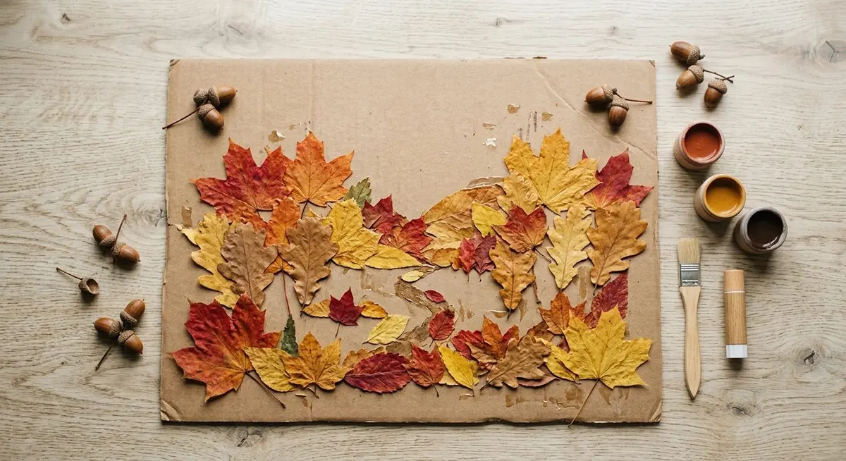 A flat-lay of an autumn leaf collage in progress on brown cardboard with pressed red and orange leaves, small pots of paint and scattered acorns