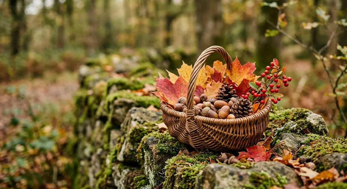 A woven basket on a mossy stone wall filled with gathered autumn leaves, acorns, pinecones and red berries