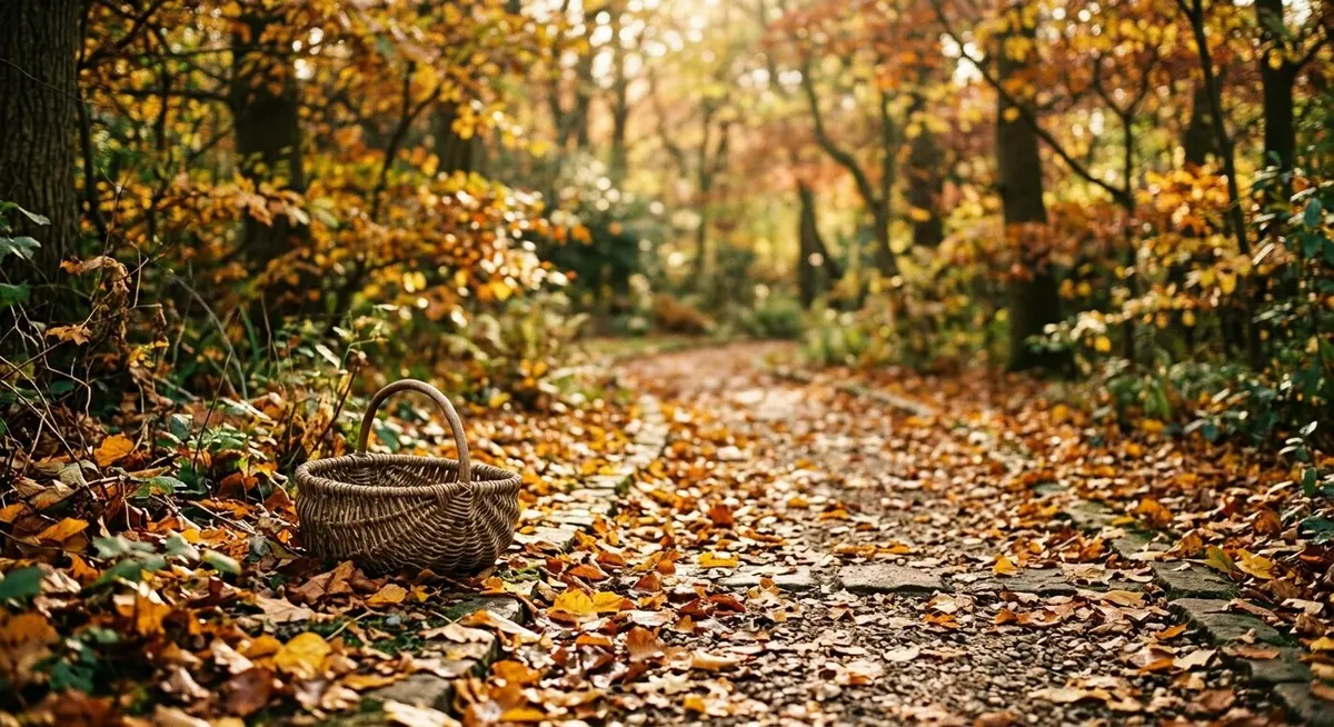 A small woven basket set down at the edge of a garden path covered in fallen golden and russet leaves