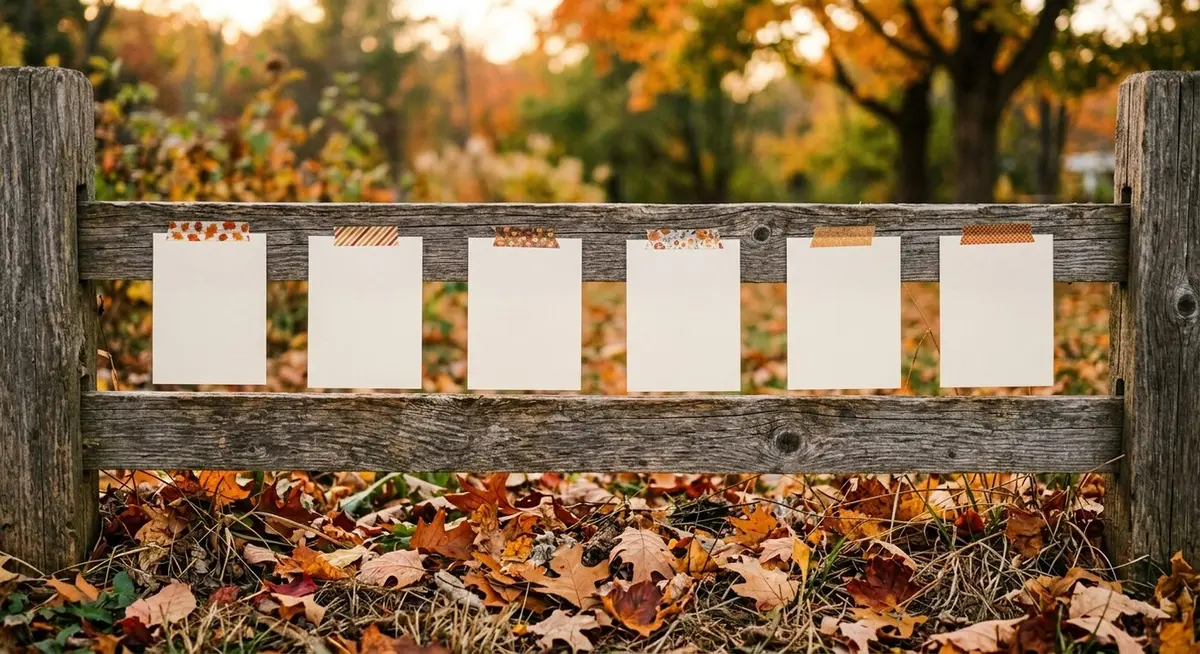 Blank cream picture cards taped to a weathered wooden fence with autumn leaves scattered at the base