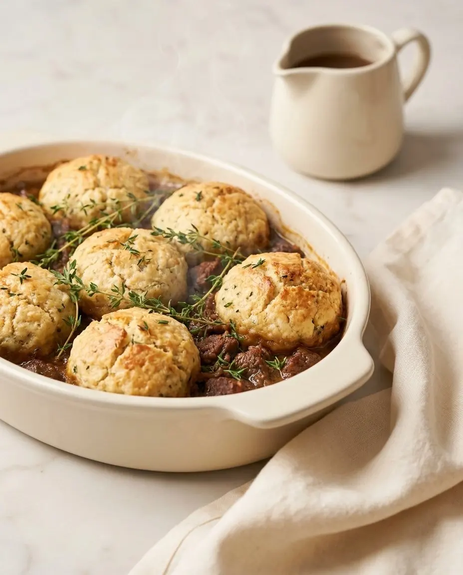 Homemade minced beef and dumplings baked in a cream ceramic dish with thyme garnish