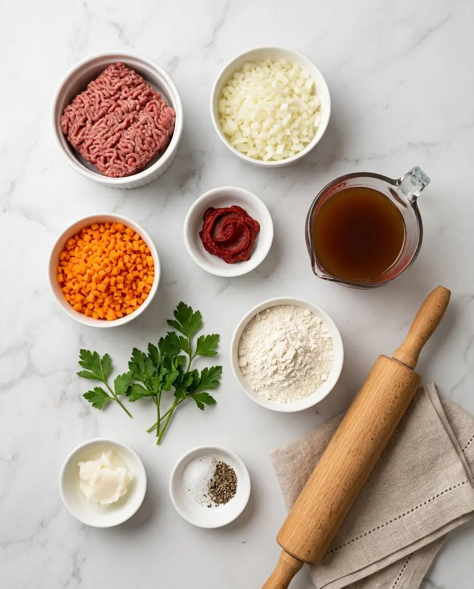 Ingredients for minced beef and dumplings laid out on a marble surface: ground beef, onion, carrot, tomato paste, beef stock, flour, parsley, shortening, salt and pepper