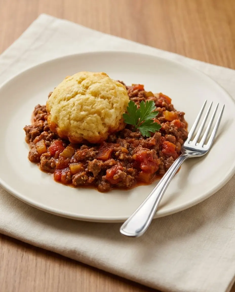 A single serving of minced beef and dumplings on a white plate with a fork and parsley garnish