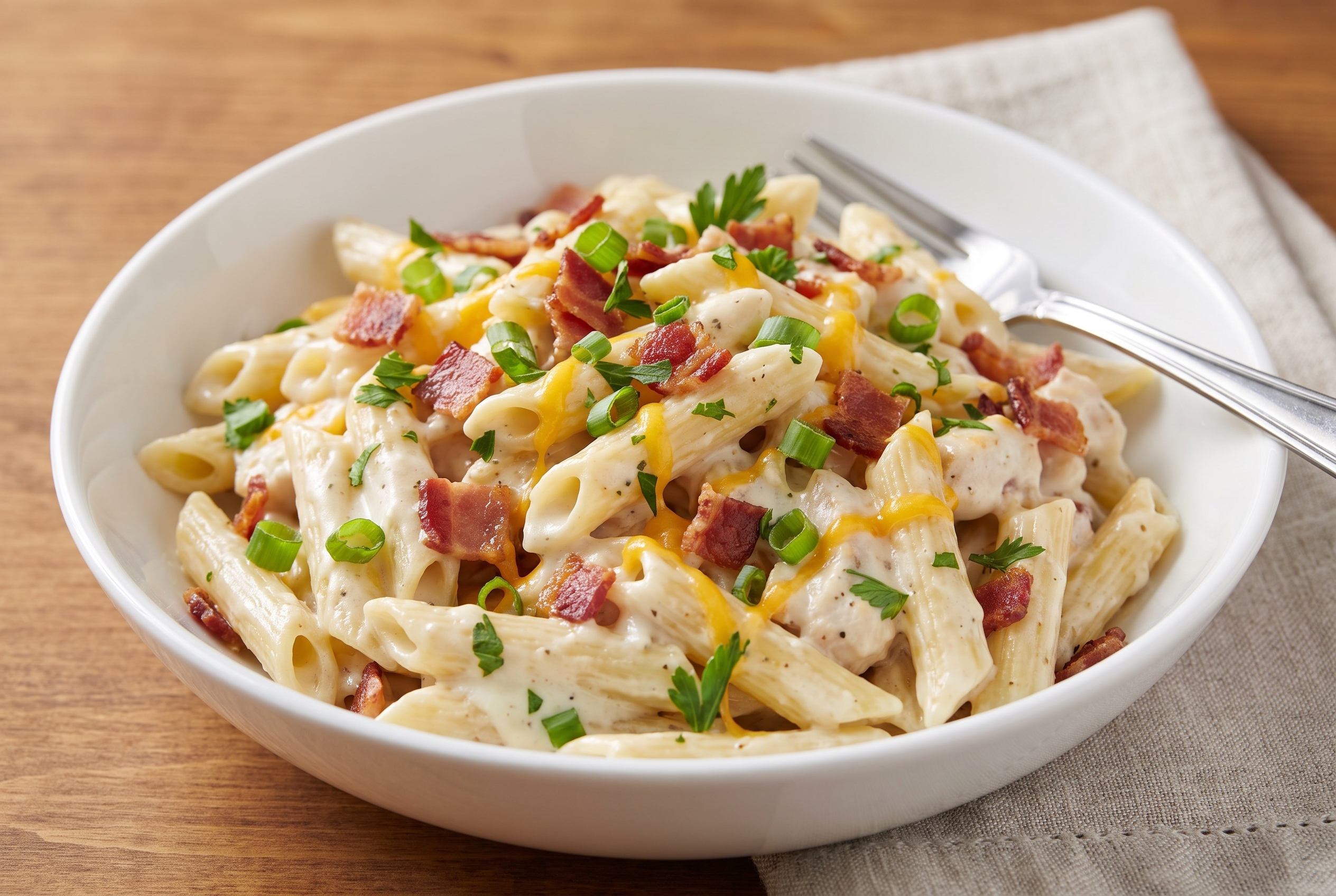 Creamy chicken bacon ranch pasta served in a bowl with green onions and bacon on top