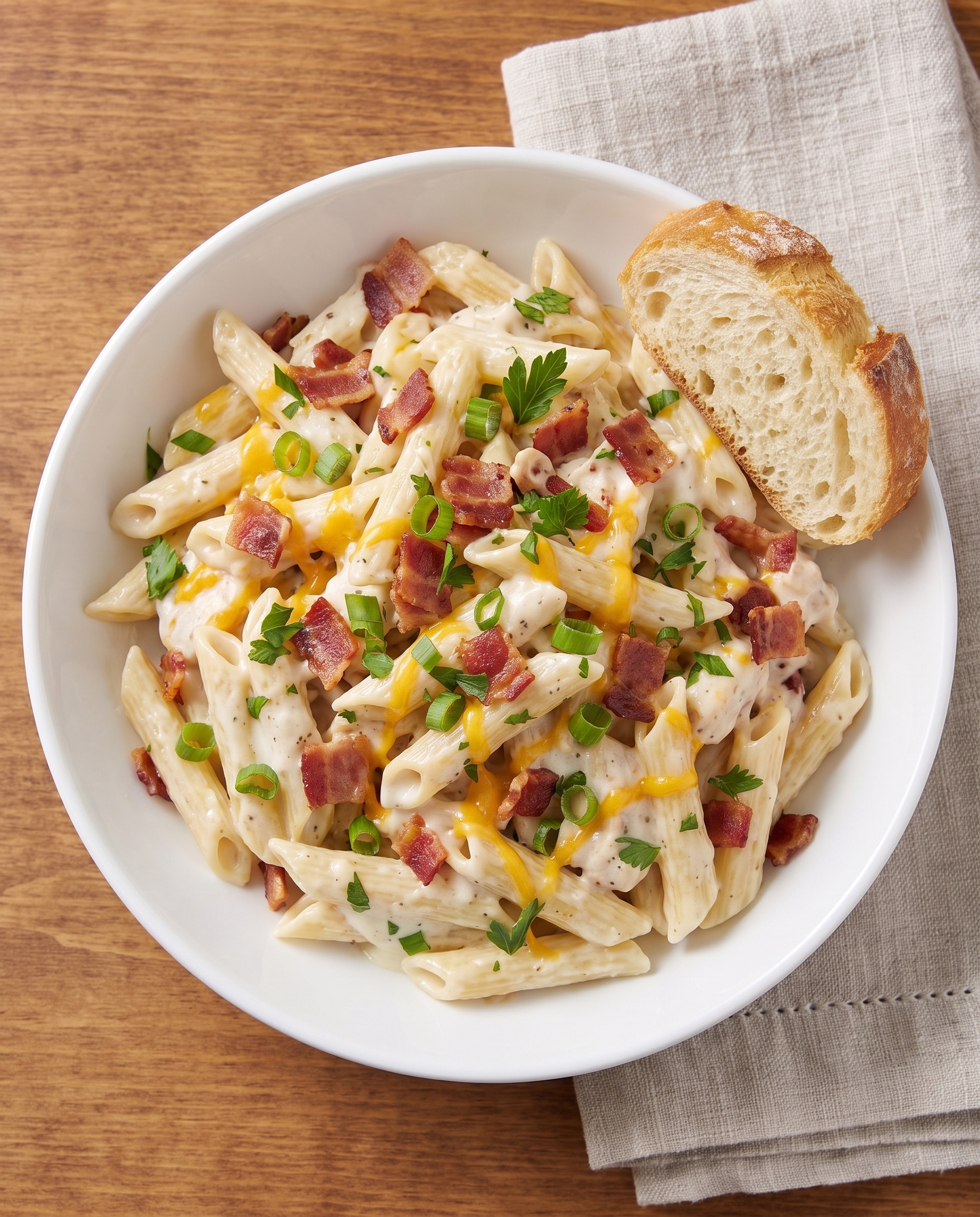 Overhead view of chicken bacon ranch pasta served on a plate