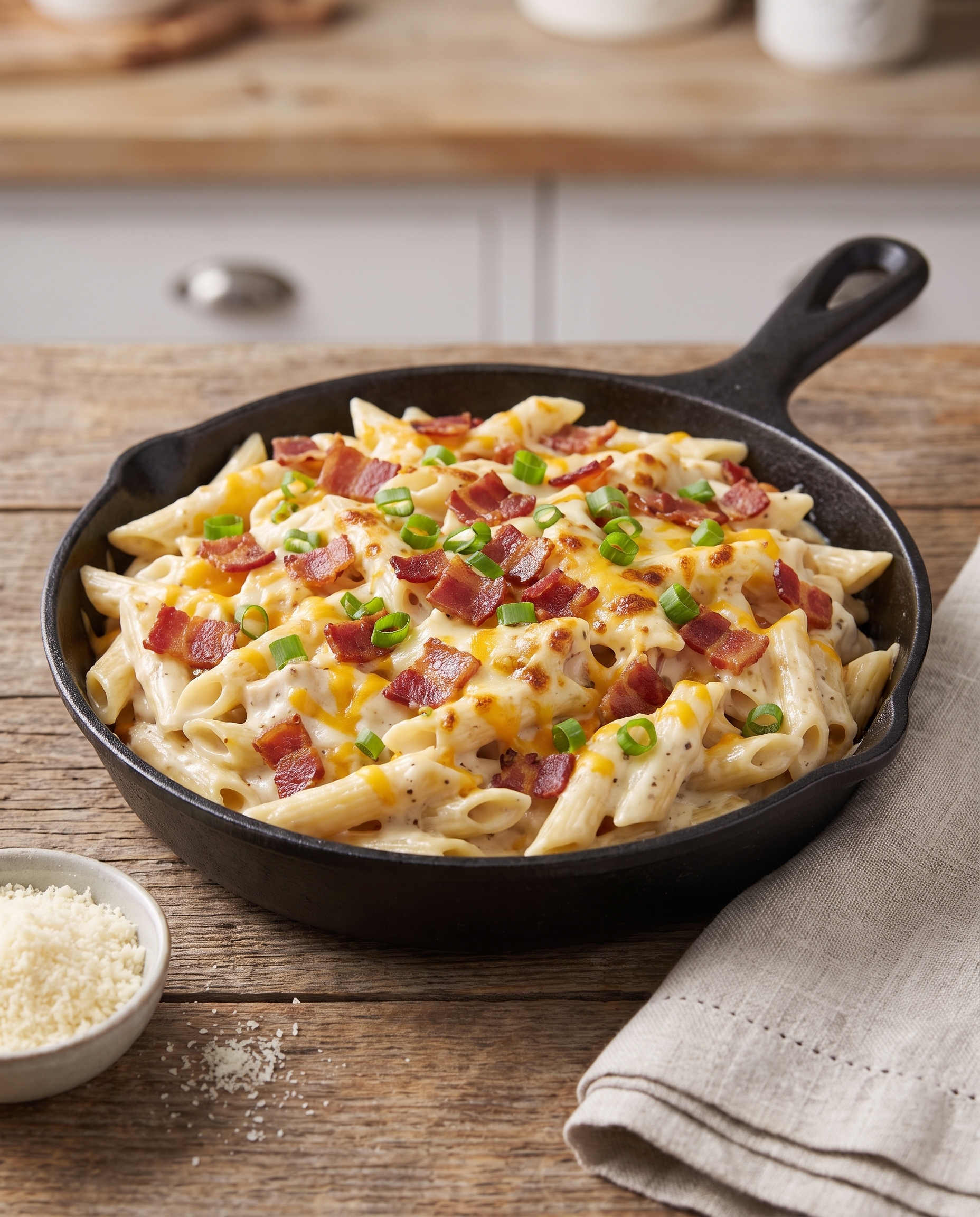 Chicken bacon ranch pasta in a small cast iron skillet