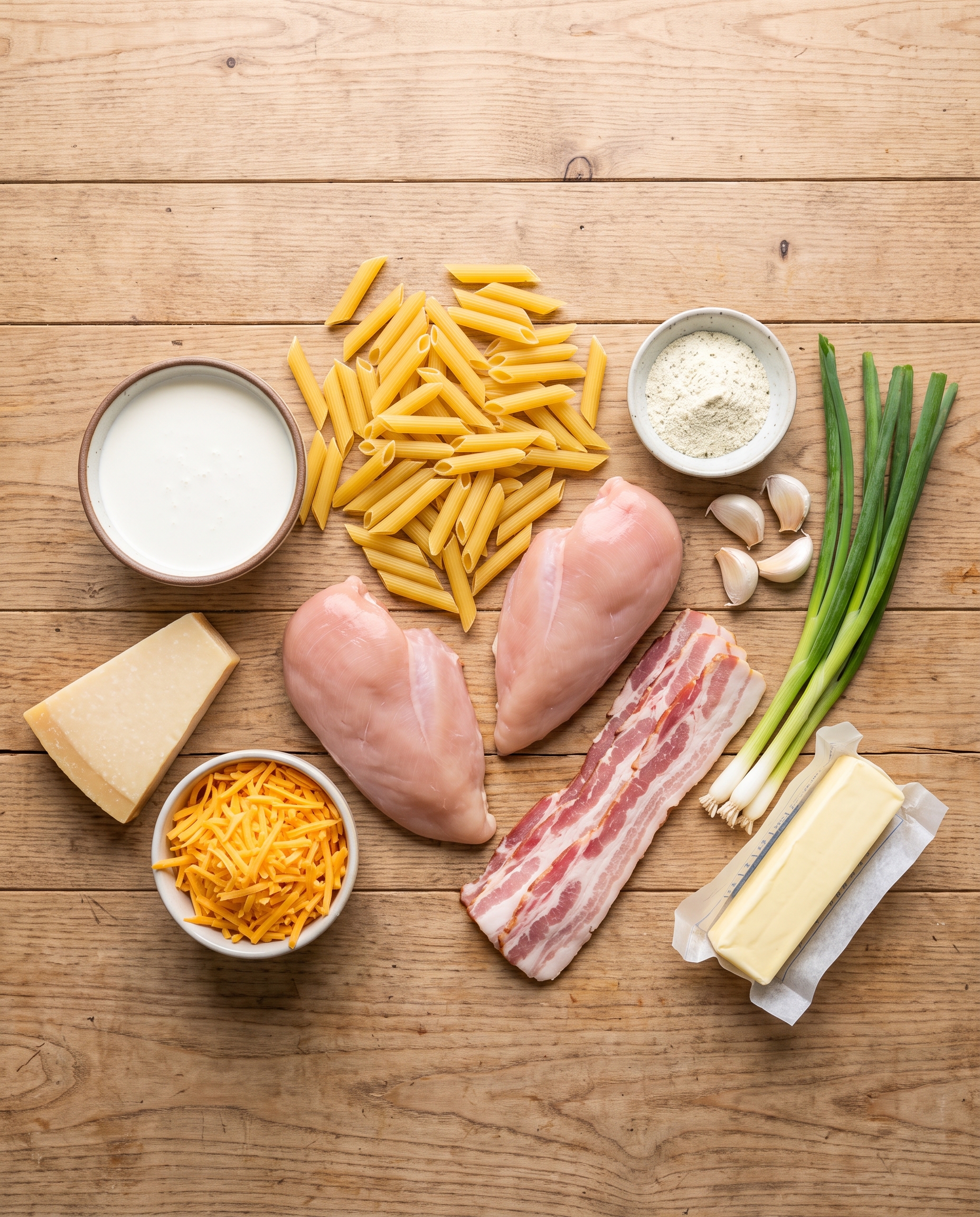 Ingredients for chicken bacon ranch pasta laid out on a wooden table