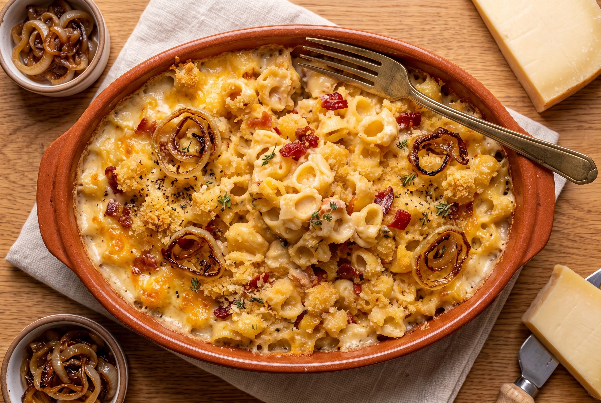 Baked mac and cheese with bacon and caramelized onions in a rustic terracotta baking dish