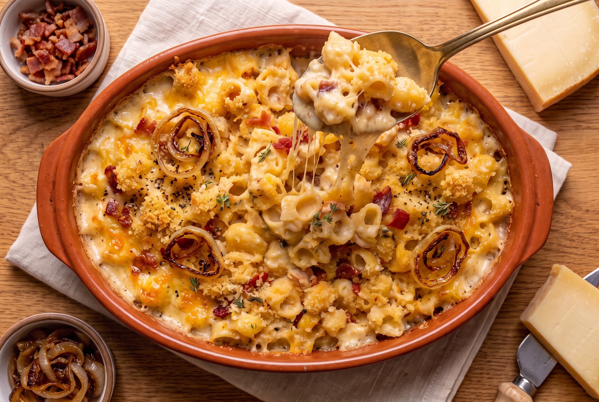 Brass spoon lifting a portion of baked mac and cheese with cheese stretch from a terracotta dish