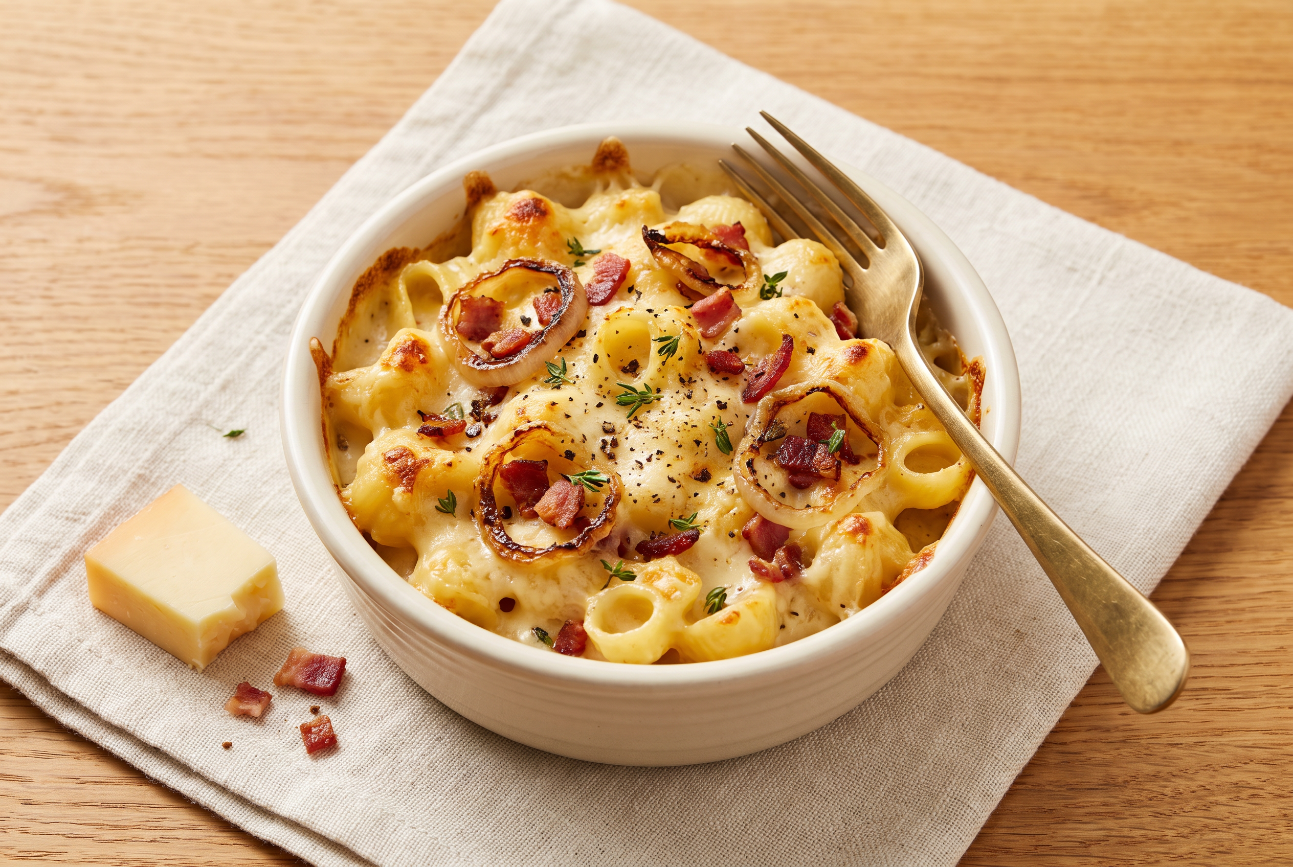Single serving of baked mac and cheese with caramelized onions in a cream stoneware bowl