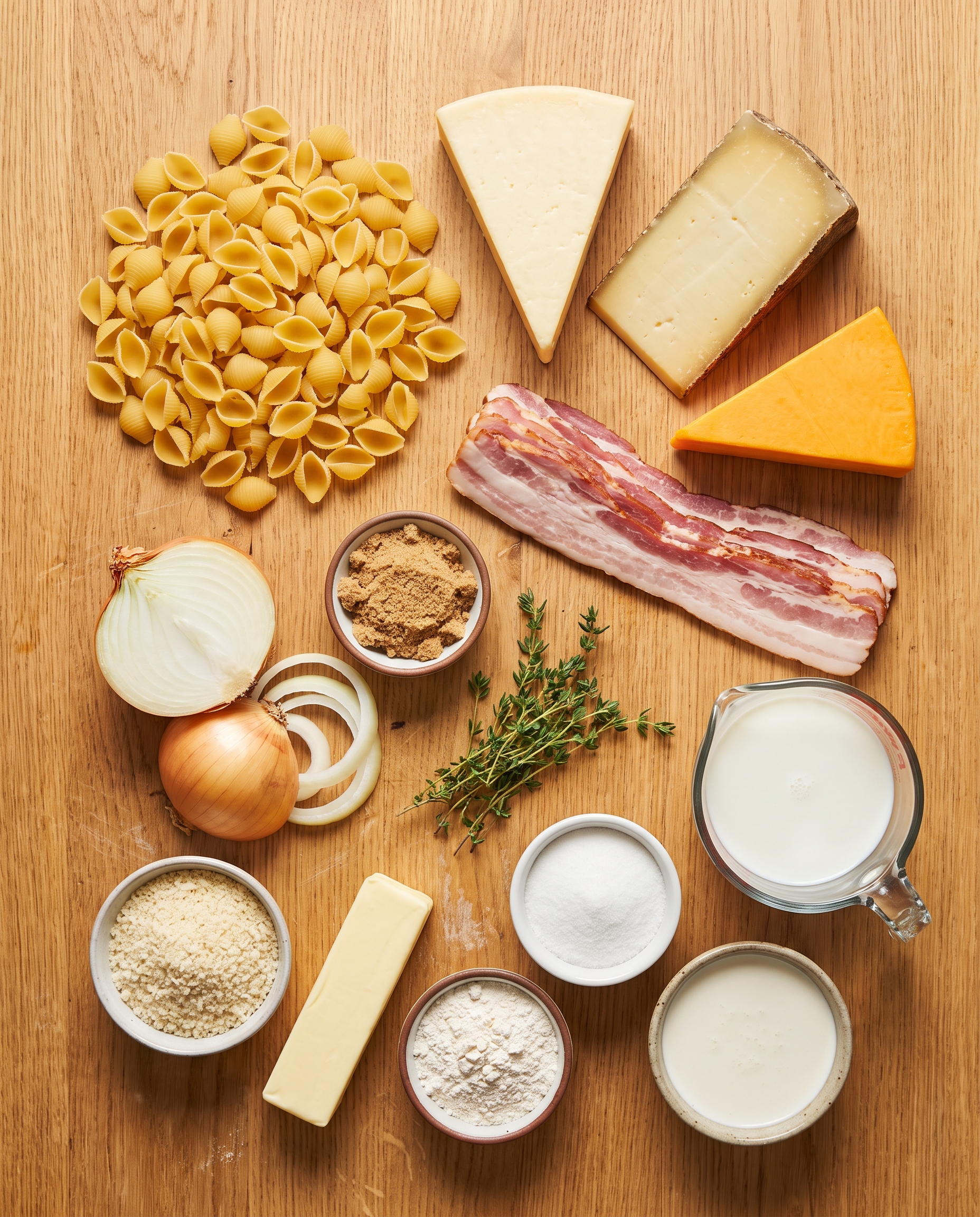 Flat-lay of shellbows pasta, three cheeses, bacon, onions, thyme, milk, cream, panko, and brown sugar