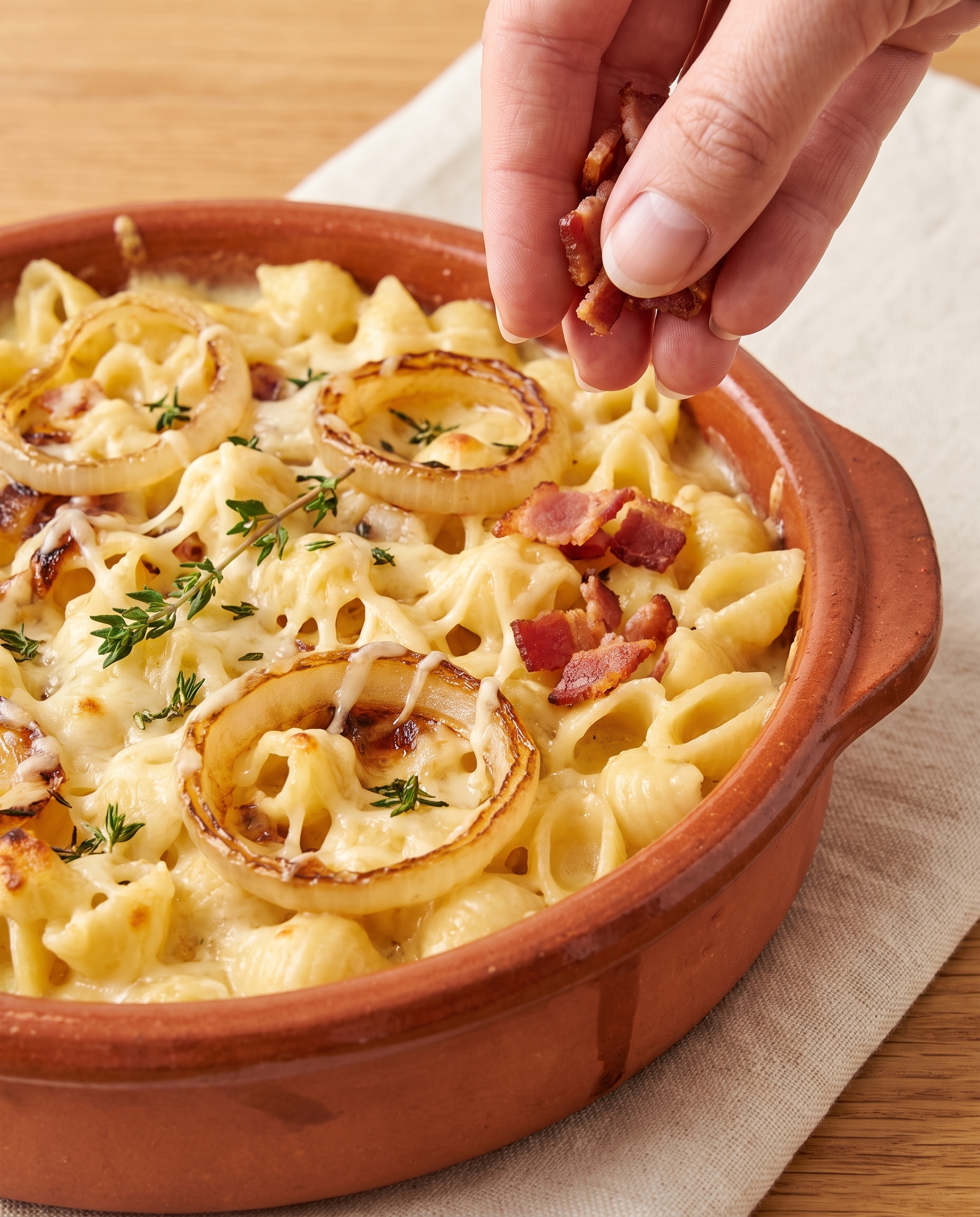 Hand sprinkling crumbled bacon over baked mac and cheese with caramelized onions in a terracotta dish