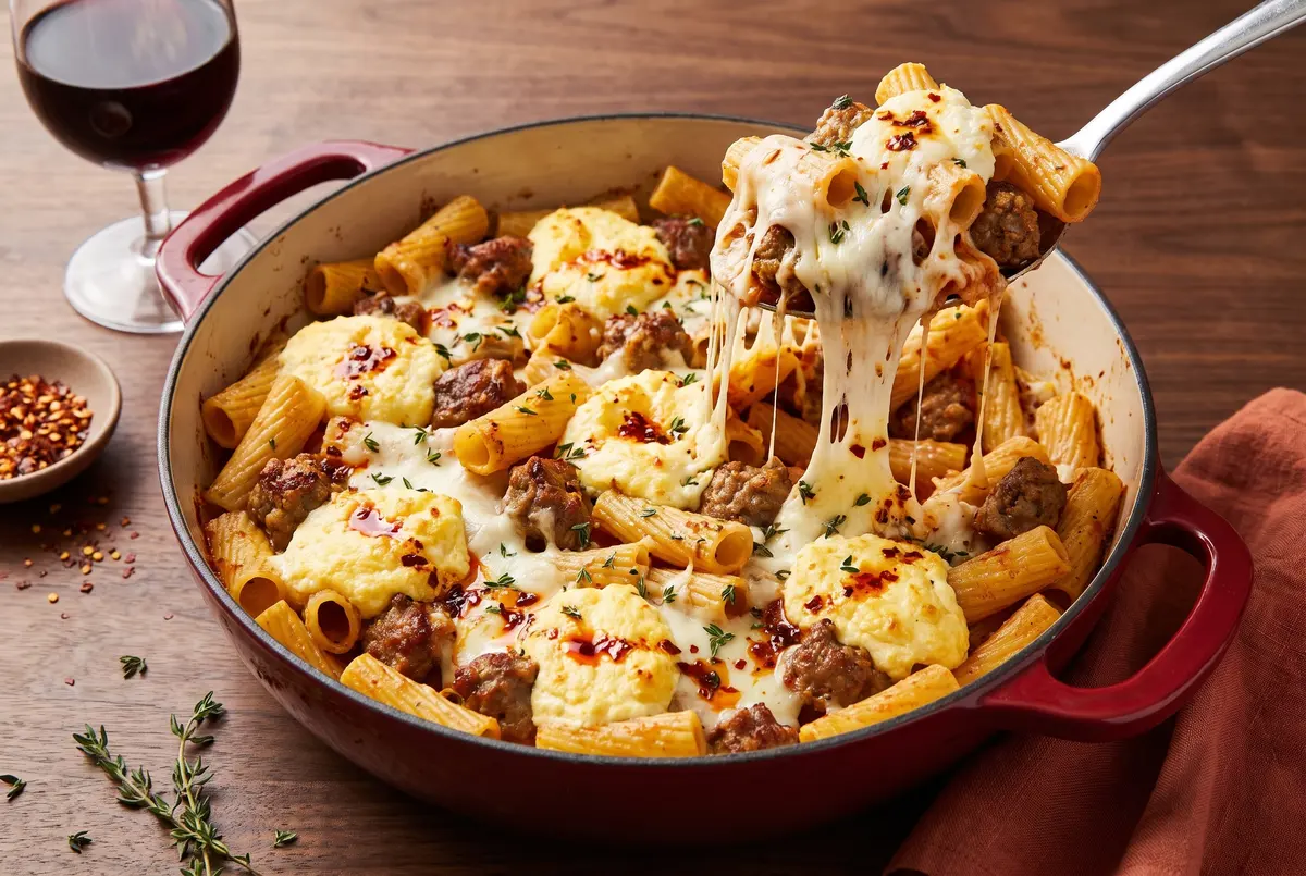 Baked pasta with sausage and ricotta bubbling in a red Dutch oven