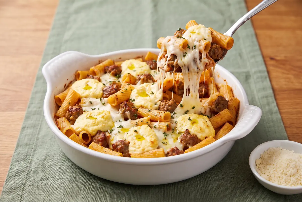 Baked pasta with sausage and ricotta in a white oval baking dish