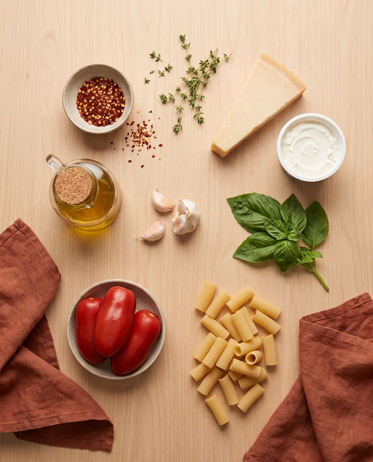 Ingredients for baked pasta with sausage and ricotta arranged on a wooden table