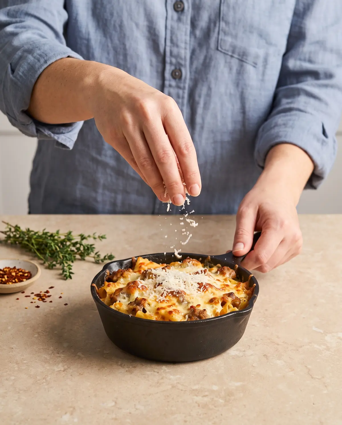 A hand sprinkling Parmesan over a small ramekin of baked pasta