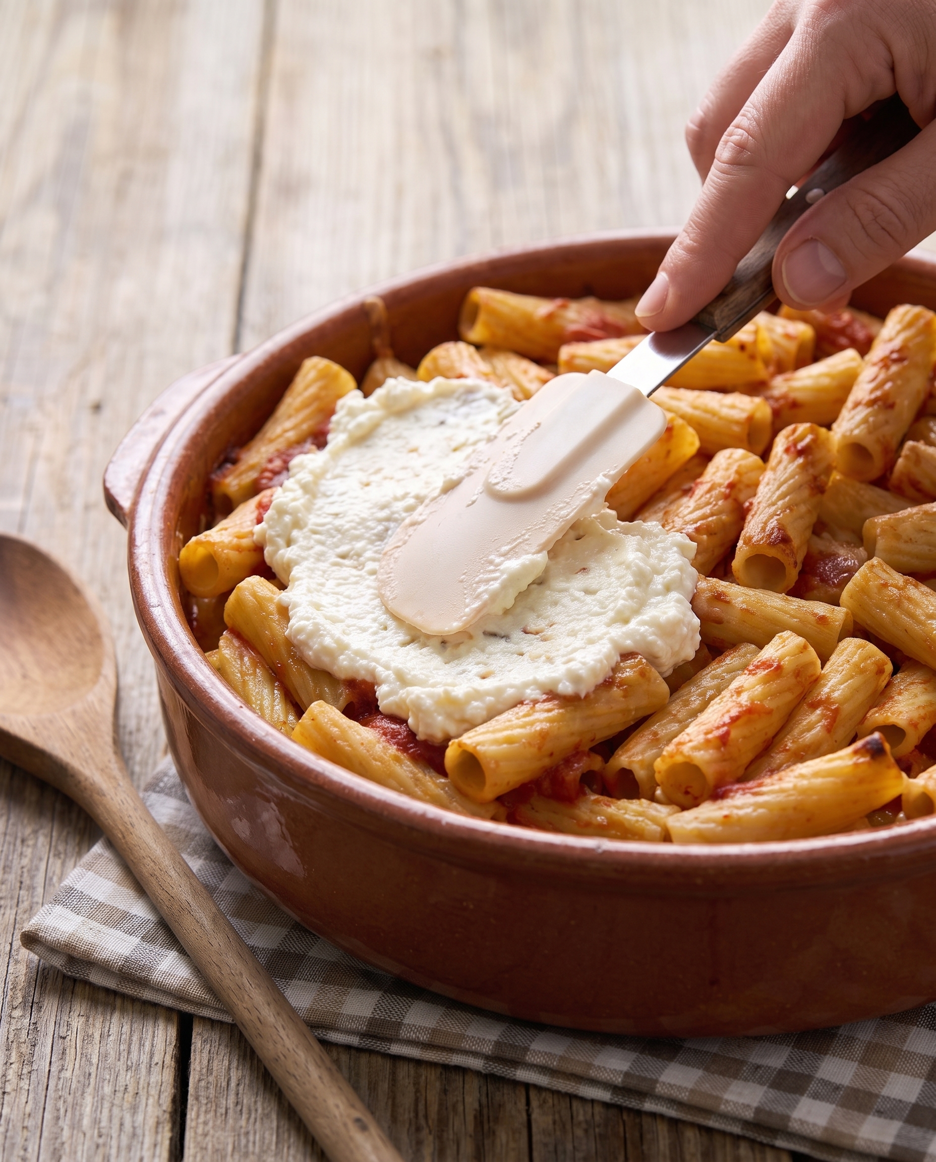 Spreading ricotta on ziti
