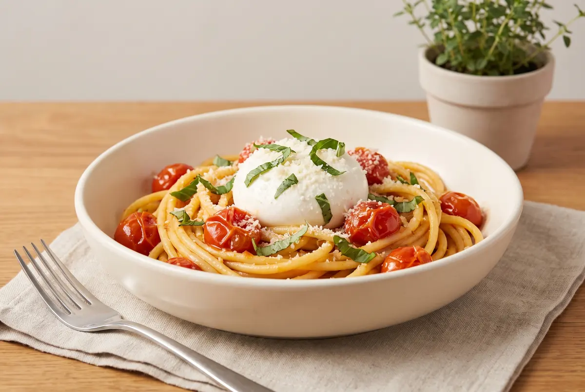 Burst cherry tomato bucatini with burrata in a shallow cream bowl