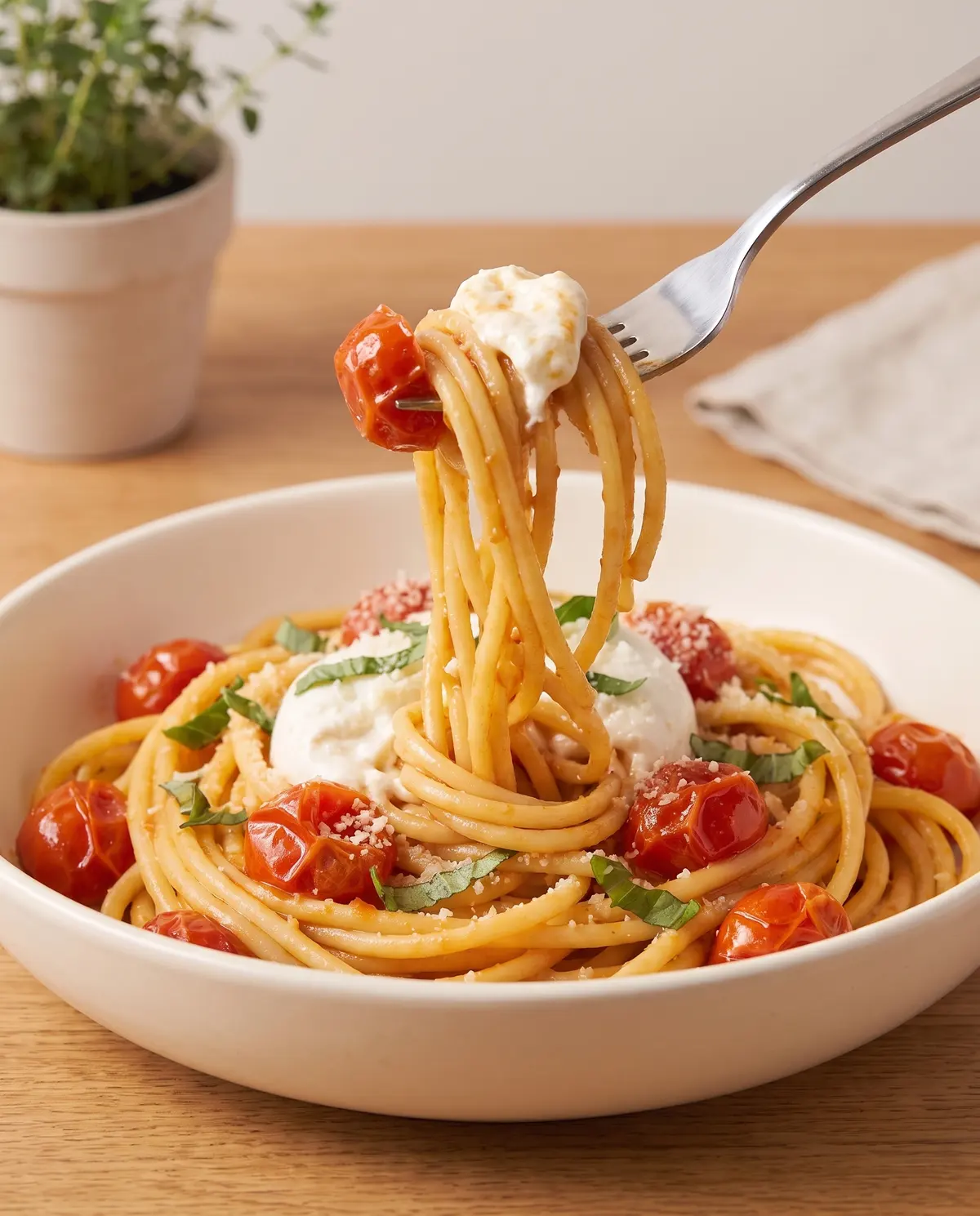 A fork twirling bucatini with burst cherry tomato sauce and burrata