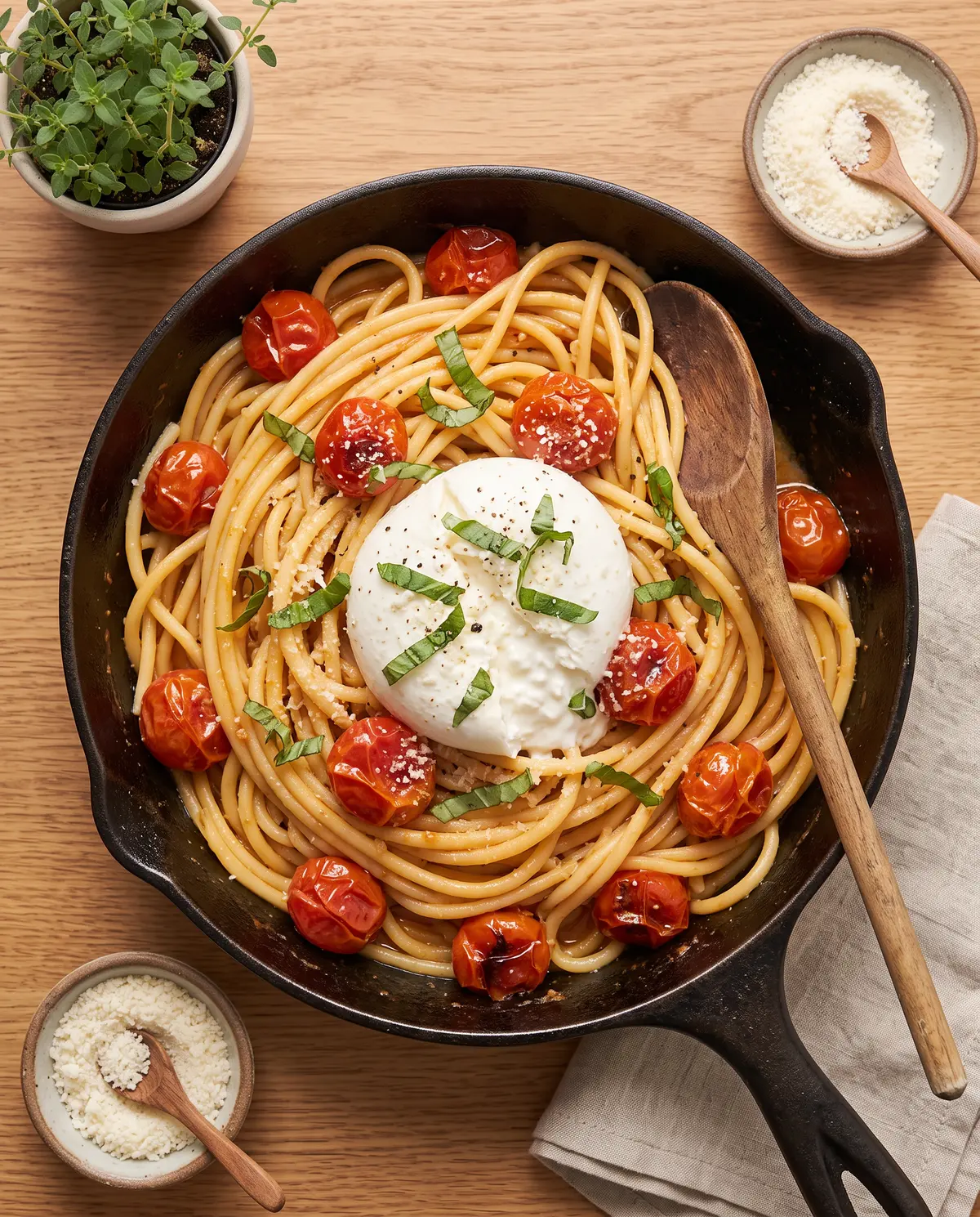 Cast iron skillet of burst cherry tomato bucatini with burrata and fresh basil